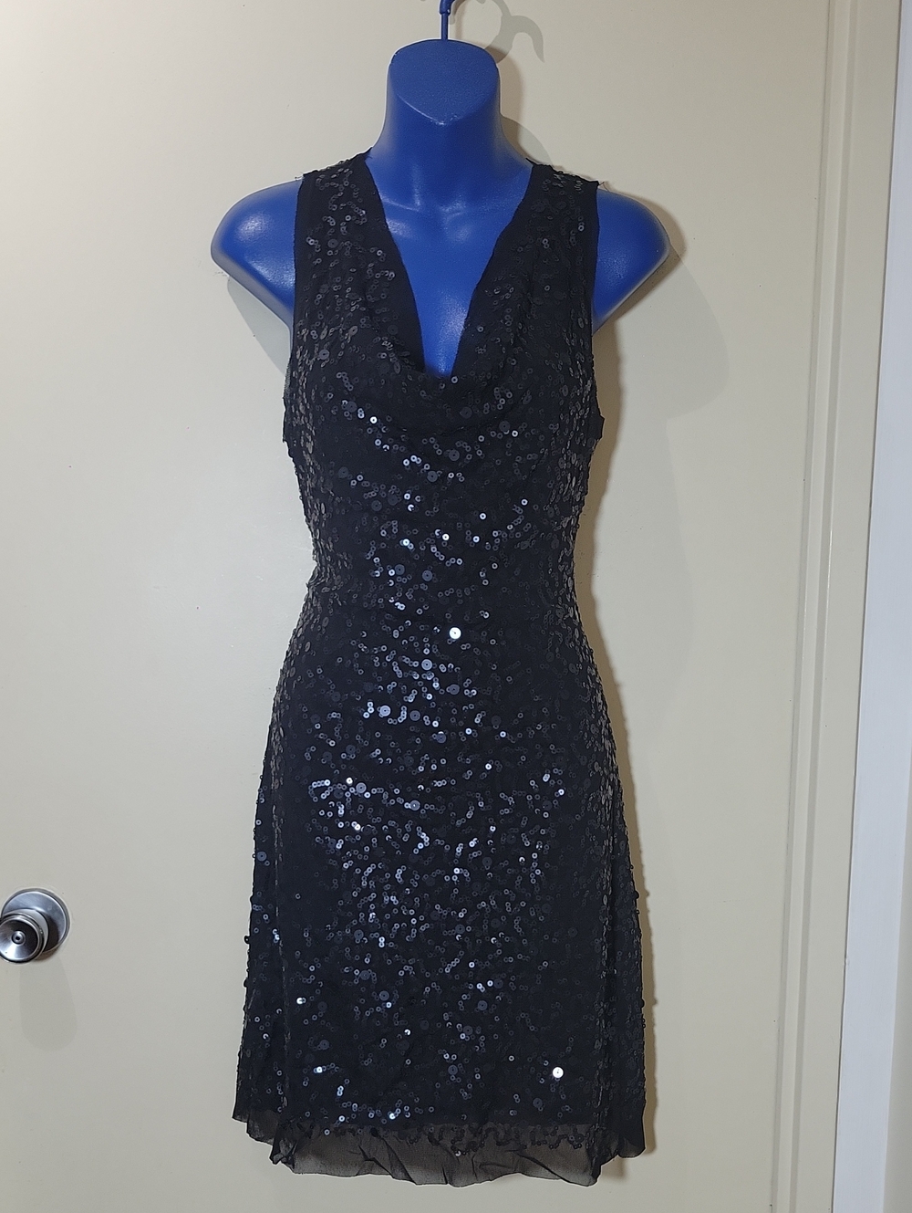 Black Sequin Cowl-Neck Mini Dress
